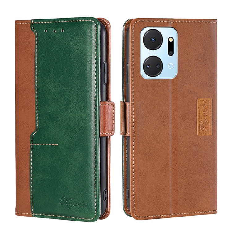 

For Honor X7A Contrast Color Side Buckle Leather Phone Case(Light Brown + Green)