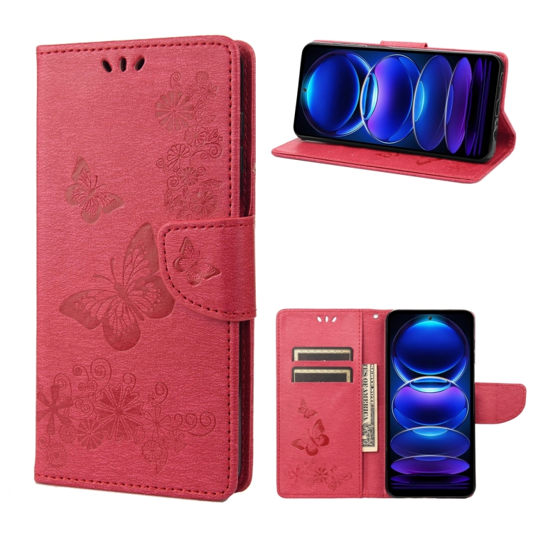 

For Xiaomi Redmi Note 12 5G Global / Poco X5 5G Butterfly Embossed Horizontal Flip Leather Phone Case(Red)