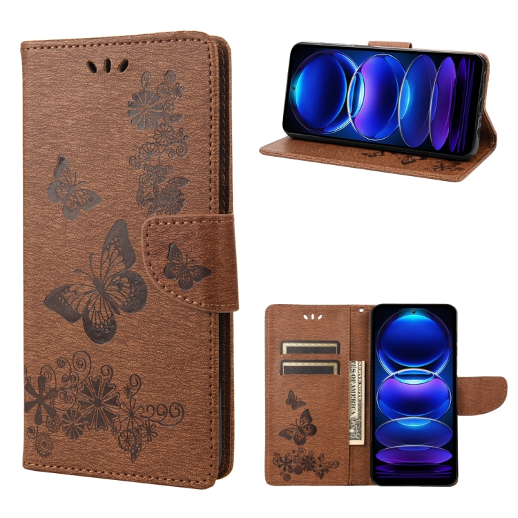

For Xiaomi Redmi Note 12 Pro 5G Global Butterfly Embossed Horizontal Flip Leather Phone Case(Brown)