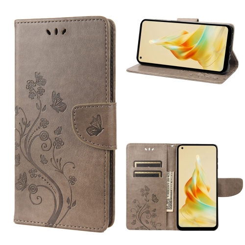 

For OPPO Reno8 T 4G Butterfly Flower Pattern Leather Phone Case(Grey)