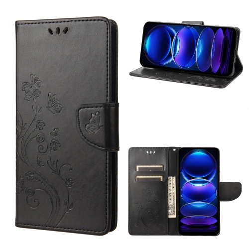 

For Xiaomi Redmi Note 12 5G Global / Poco X5 5G Butterfly Flower Pattern Leather Phone Case(Black)