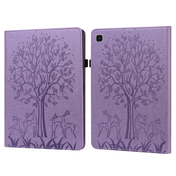 

For Samsung Galaxy Tab A7 Lite T220 Tree & Deer Pattern Embossed Leather Tablet Case(Purple)
