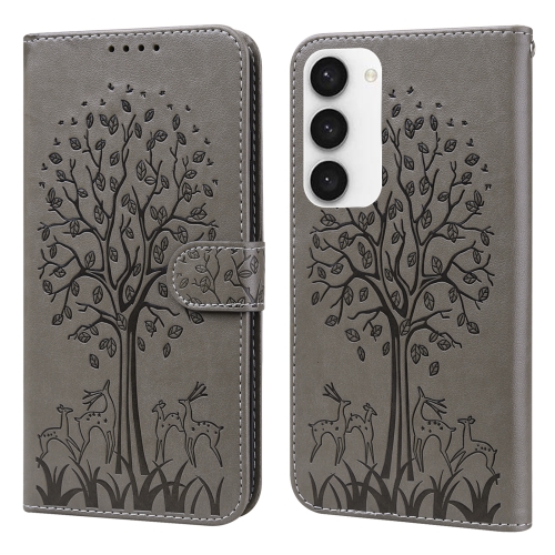 

For Samsung Galaxy S23 5G Tree & Deer Pattern Pressed Printing Horizontal Flip Leather Phone Case(Grey)