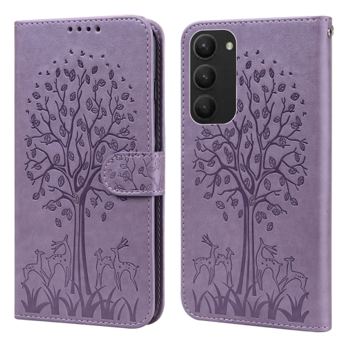 

For Samsung Galaxy S23+ 5G Tree & Deer Pattern Pressed Printing Horizontal Flip Leather Phone Case(Purple)