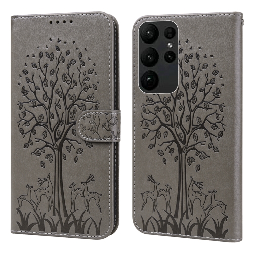 

For Samsung Galaxy S23 Ultra 5G Tree & Deer Pattern Pressed Printing Horizontal Flip Leather Phone Case(Grey)