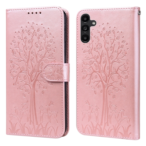 

For Samsung Galaxy A14 5G Tree & Deer Pattern Pressed Printing Horizontal Flip Leather Phone Case(Pink)
