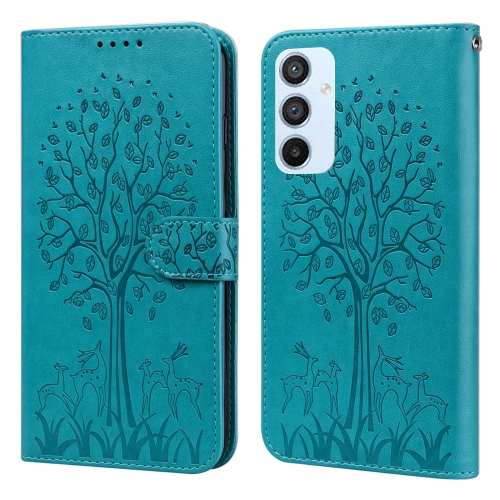 

For Samsung Galaxy A54 5G Tree & Deer Pattern Pressed Printing Horizontal Flip Leather Phone Case(Blue)