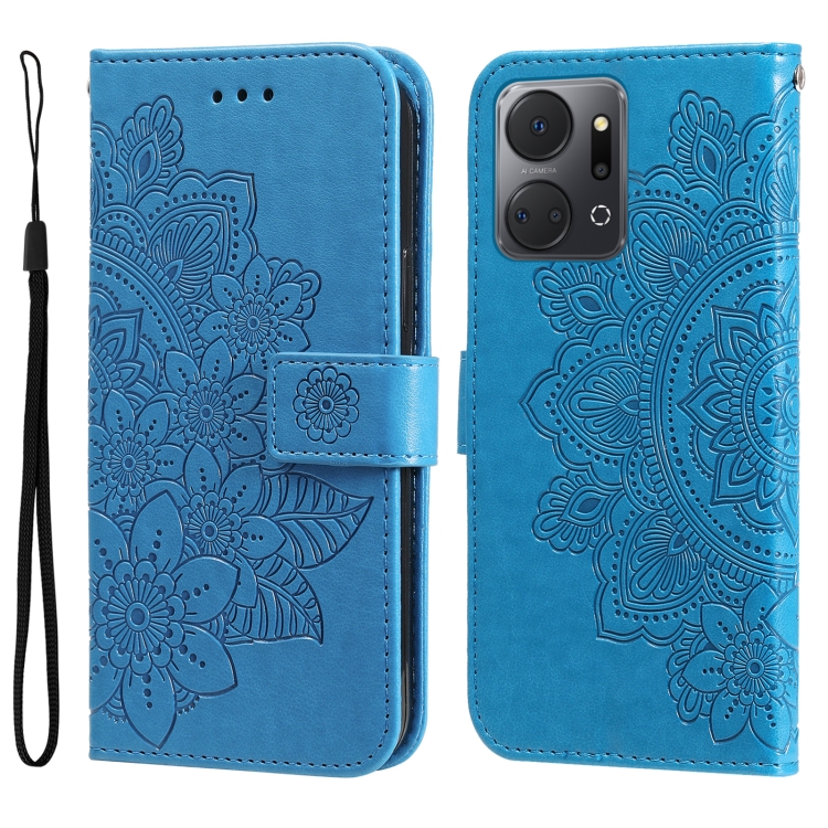 

For Honor X7a 7-petal Flowers Embossing Leather Phone Case(Blue)