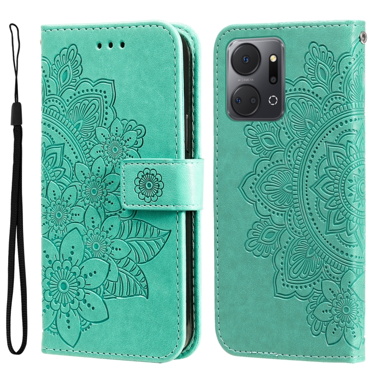 

For Honor X7a 7-petal Flowers Embossing Leather Phone Case(Green)