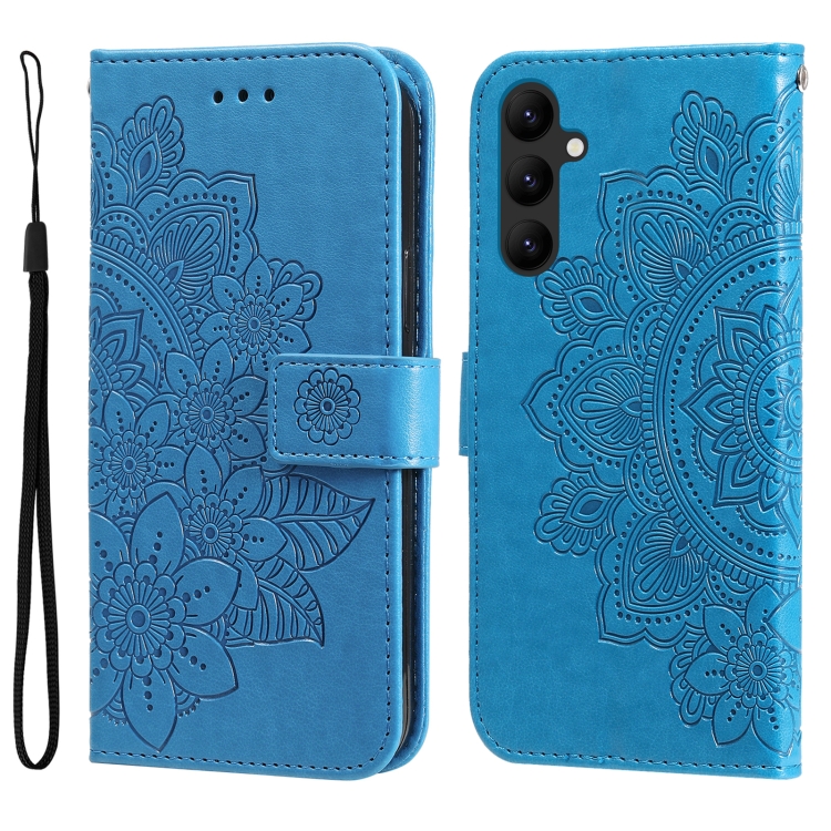 

For Samsung Galaxy A24 4G 7-petal Flowers Embossing Leather Phone Case(Blue)