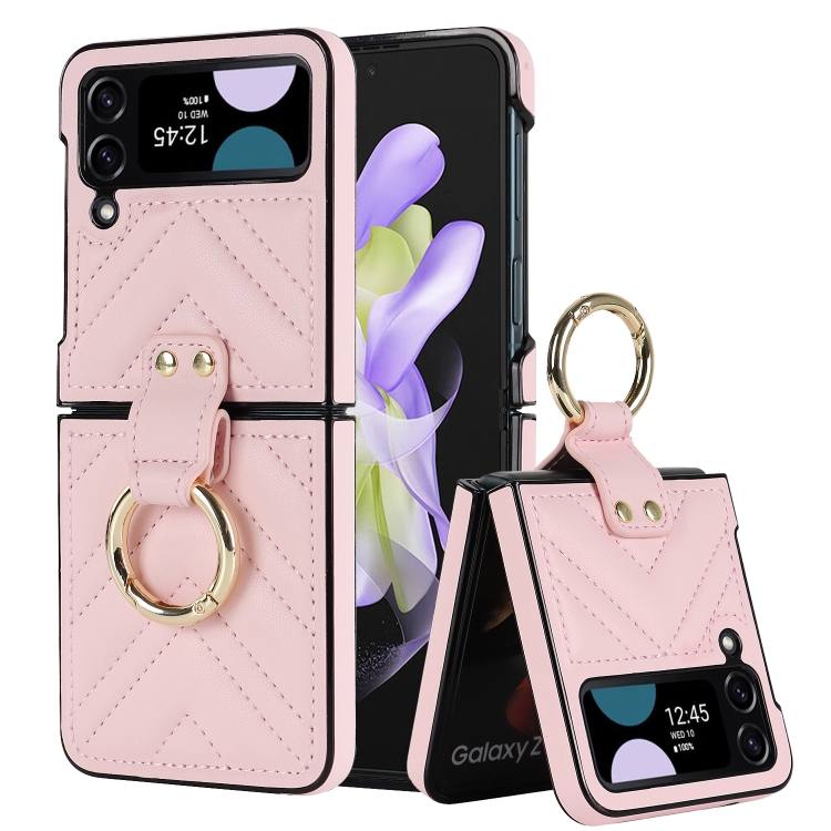 

For Samsung Galaxy Z Flip4 V-shaped Folding Protective Phone Case with Folding Ring(Pink)