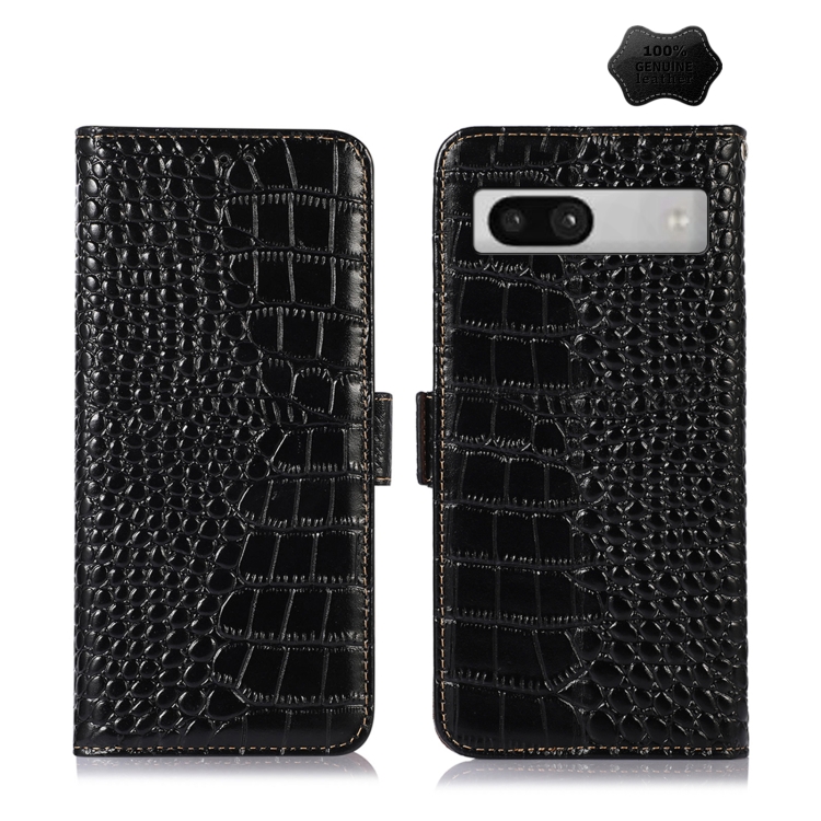 

For Google Pixel 7a Crocodile Top Layer Cowhide Leather Phone Case(Black)