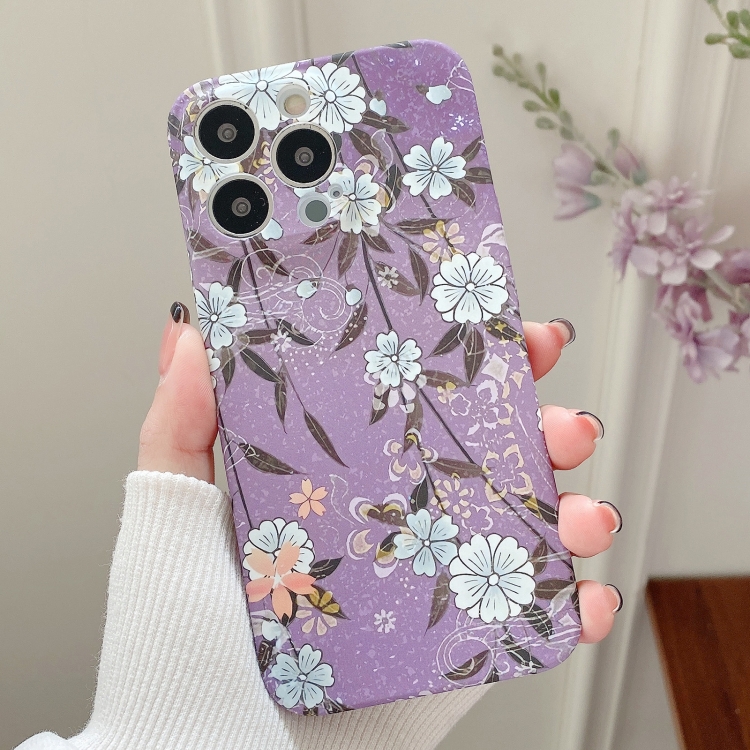 

For iPhone 14 Plus Water Sticker Flower Pattern PC Phone Case(Purple Backgroud White Flower)