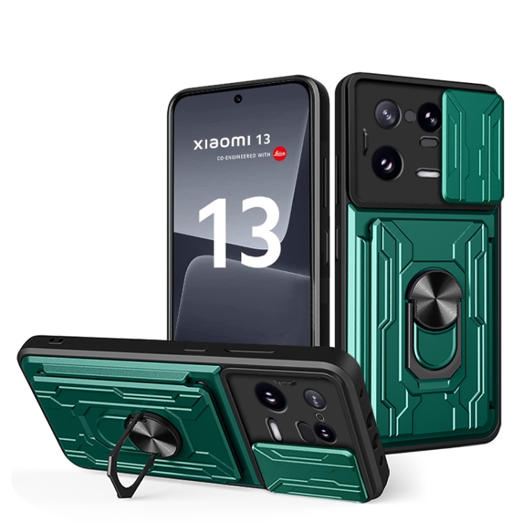 

For Xiaomi 13 Pro Sliding Camshield TPU+PC Phone Case with Card Slot(Dark Green)