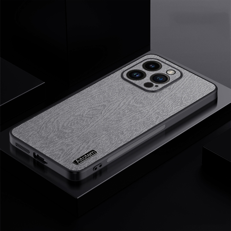 

For iPhone 14 Pro Max TPU + PC + PU Tree Texture Shockproof Full Coverage Protective Phone Case(Grey)