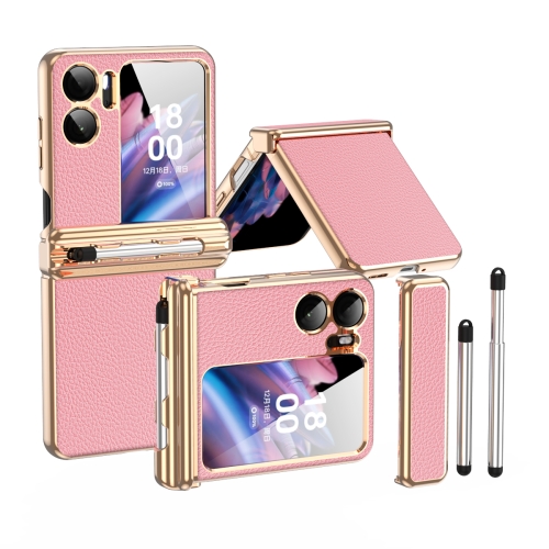 

For OPPO Find N2 Flip Litchi Texture Leather Hinged Electroplated Phone Case with Pen(Gold Pink)