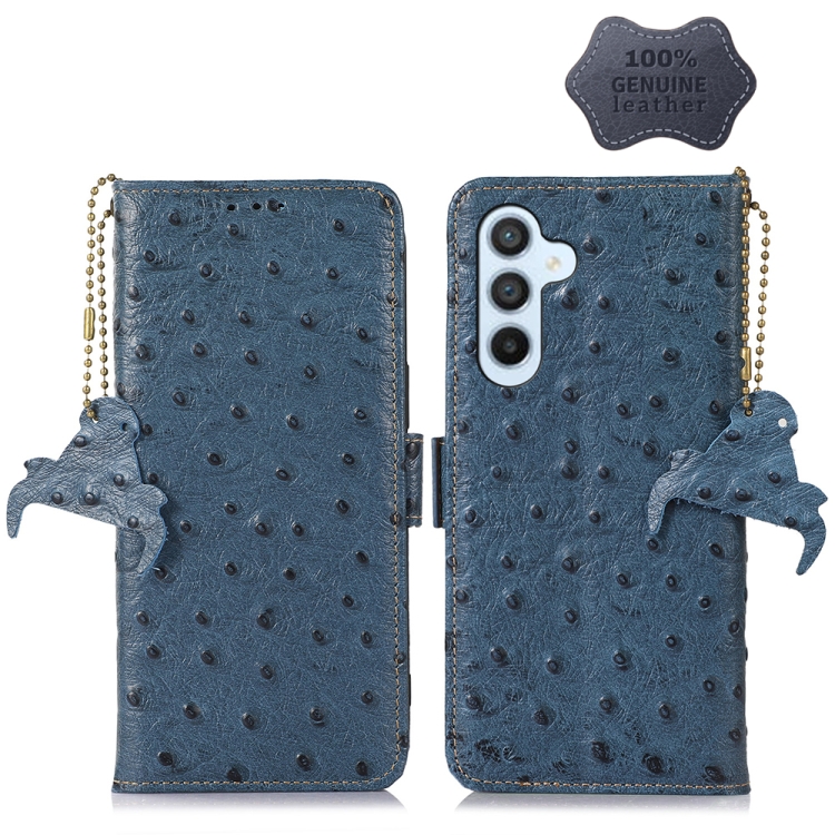 

For Samsung Galaxy A24 4G Ostrich Pattern Genuine Leather RFID Phone Case(Blue)