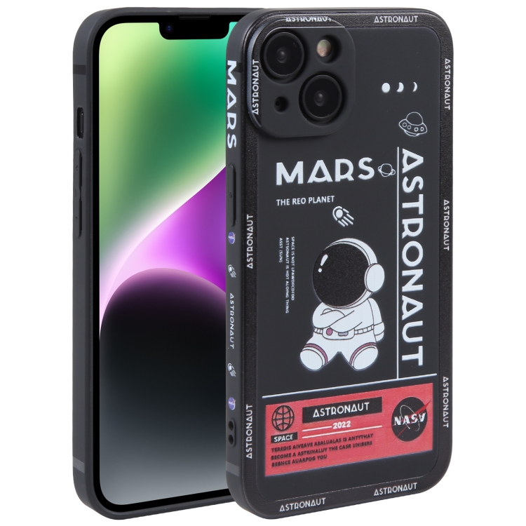 

For iPhone 14 Astronaut Pattern Silicone Straight Edge Phone Case(Mars Astronaut-Black)