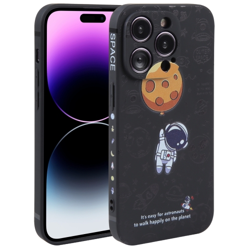 

For iPhone 14 Pro Astronaut Pattern Silicone Straight Edge Phone Case(Planet Landing-Black)