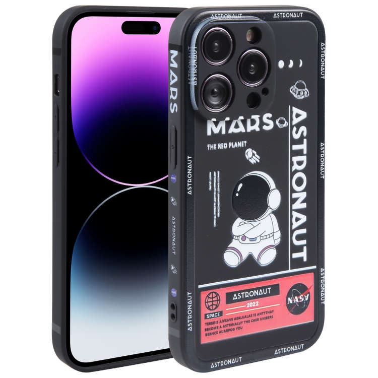 

For iPhone 14 Pro Max Astronaut Pattern Silicone Straight Edge Phone Case(Mars Astronaut-Black)