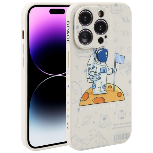 

For iPhone 14 Pro Max Astronaut Pattern Silicone Straight Edge Phone Case(Planet Landing-White)