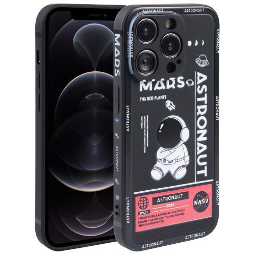 

For iPhone 12 Pro Max Astronaut Pattern Silicone Straight Edge Phone Case(Mars Astronaut-Black)