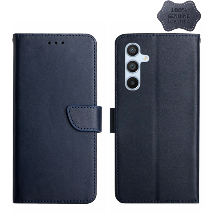 

For Samsung Galaxy M14 5G HT02 Genuine Leather Fingerprint-proof Flip Phone Case(Blue)