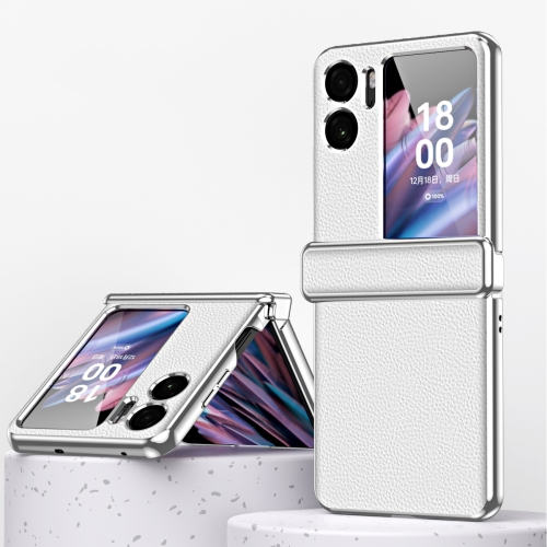 

For OPPO Find N2 Flip Litchi Pattern Electroplating Frame Magnetic Phone Case with Protective Film(White)