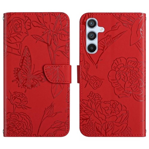 

For Samsung Galaxy M14 5G Skin Feel Butterfly Peony Embossed Leather Phone Case(Red)