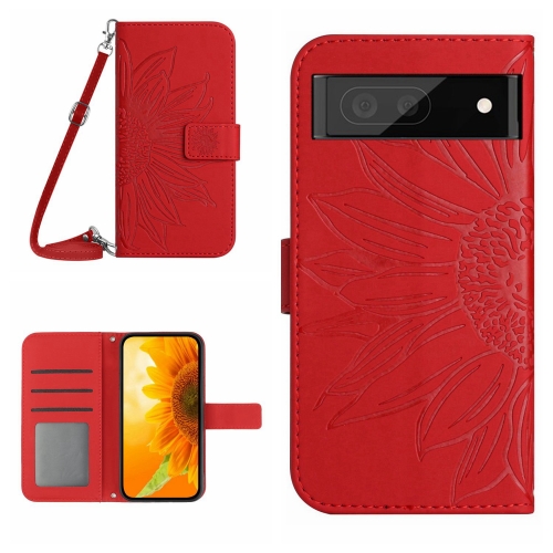 

For Google Pixel 7A Skin Feel Sun Flower Pattern Flip Leather Phone Case with Lanyard(Red)