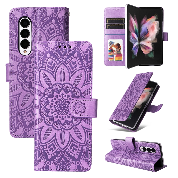 

For Samsung Galaxy Z Fold3 5G Embossed Sunflower Leather Phone Case(Purple)