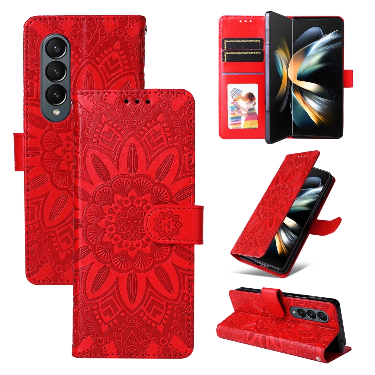 

For Samsung Galaxy Z Fold4 5G Embossed Sunflower Leather Phone Case(Red)