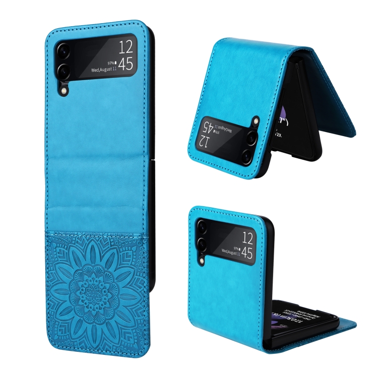 

For Samsung Galaxy Z Flip3 5G Embossed Sunflower Leather Phone Case(Blue)
