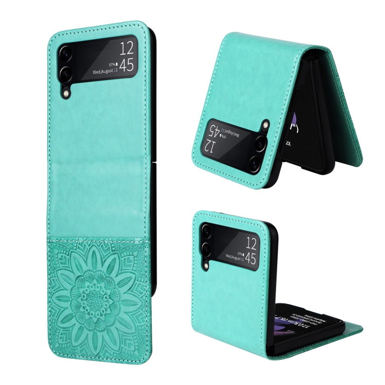 

For Samsung Galaxy Z Flip3 5G Embossed Sunflower Leather Phone Case(Green)
