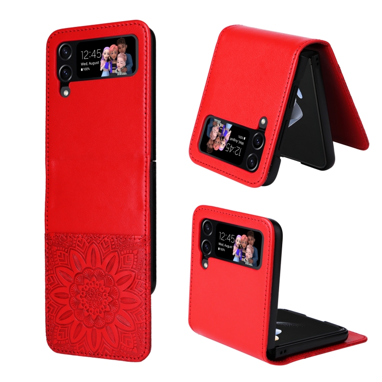 

For Samsung Galaxy Z Flip4 5G Embossed Sunflower Leather Phone Case(Red)