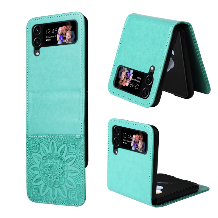

For Samsung Galaxy Z Flip4 5G Embossed Sunflower Leather Phone Case(Green)