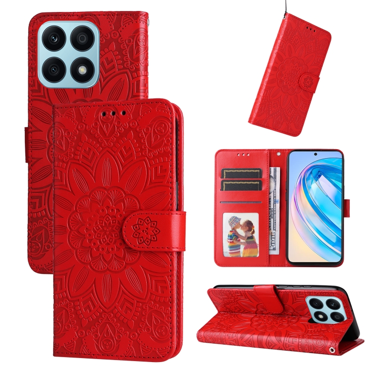 

For Honor X8a Embossed Sunflower Leather Phone Case(Red)