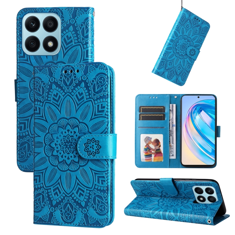 

For Honor X8a Embossed Sunflower Leather Phone Case(Blue)