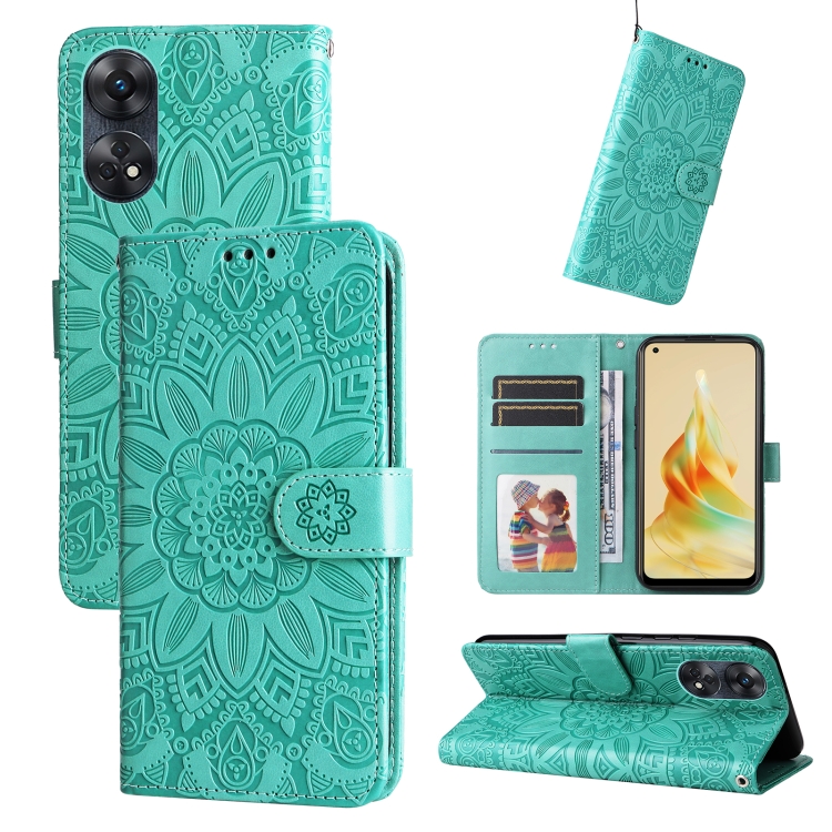 

For OPPO Reno8 T 4G Embossed Sunflower Leather Phone Case(Green)