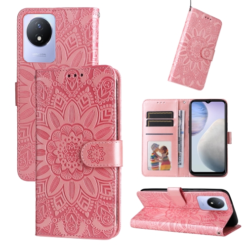 

For vivo Y02 4G Embossed Sunflower Leather Phone Case(Rose Gold)