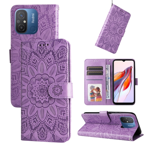 

For Xiaomi Redmi 11A 4G/12C Embossed Sunflower Leather Phone Case(Purple)