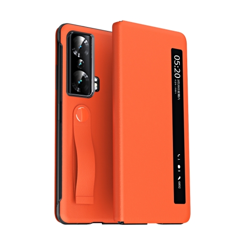 

For Honor Magic Vs Side Window View Smart Litchi Pattern Leather Phone Case with Hand Strap(Orange)