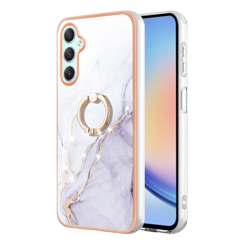 For Samsung Galaxy A25 5G Electroplating Marble IMD TPU Phone Case with Ring Holder(White 006) 34 degree d hat paper row nails semi rising oblique row nails wooden house wooden structure galvanized ring teeth pneumatic gun