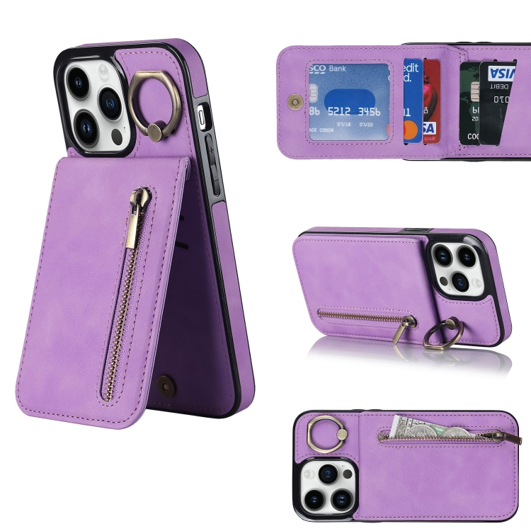 

For iPhone 13 Retro Ring and Zipper RFID Card Slot Phone Case(Purple)