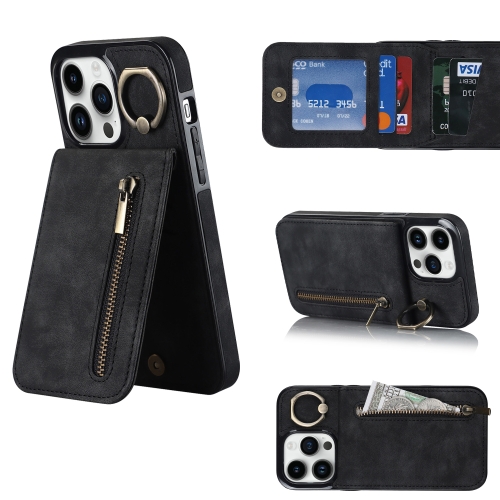 

For iPhone 13 Pro Retro Ring and Zipper RFID Card Slot Phone Case(Black)