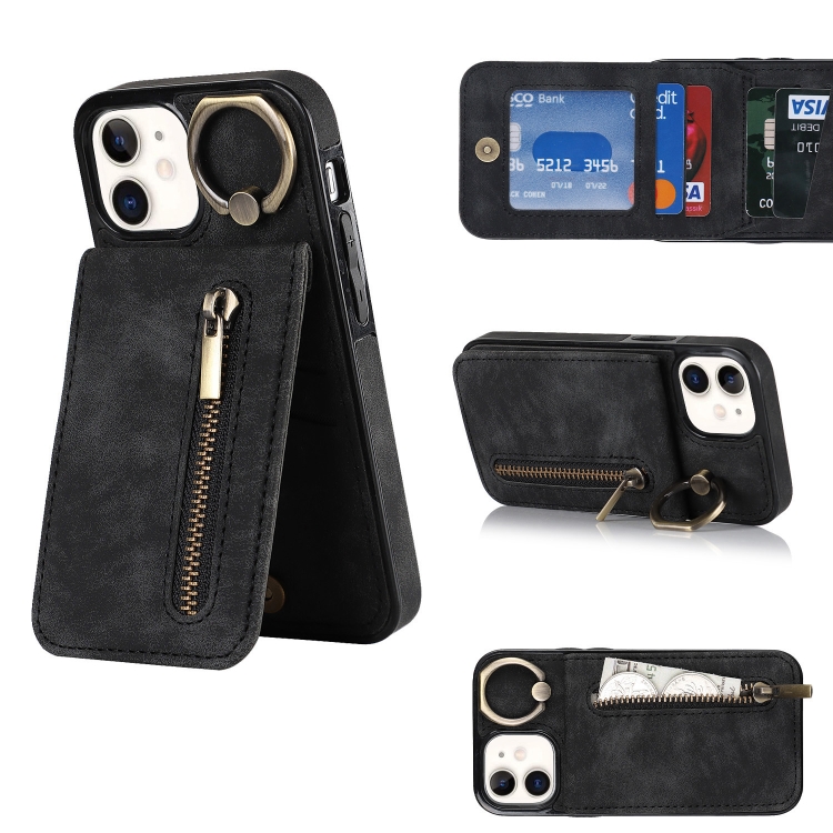 

For iPhone 12 Retro Ring and Zipper RFID Card Slot Phone Case(Black)
