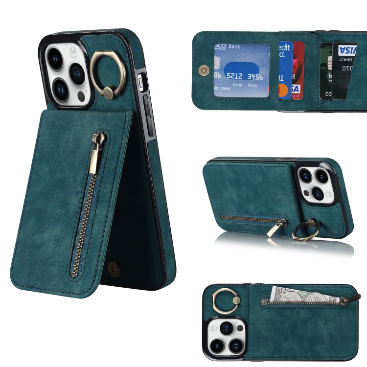 

For iPhone 12 Pro Retro Ring and Zipper RFID Card Slot Phone Case(Blue)