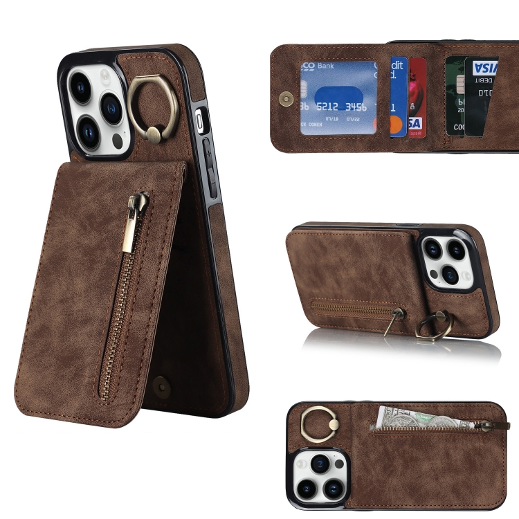 

For iPhone 12 Pro Retro Ring and Zipper RFID Card Slot Phone Case(Brown)