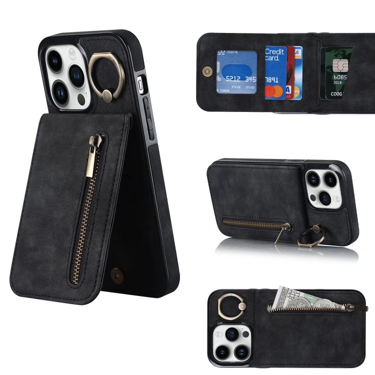 

For iPhone 12 Pro Max Retro Ring and Zipper RFID Card Slot Phone Case(Black)