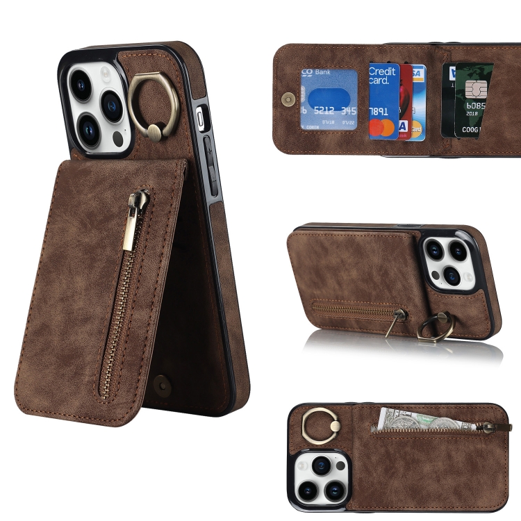 

For iPhone 12 Pro Max Retro Ring and Zipper RFID Card Slot Phone Case(Brown)